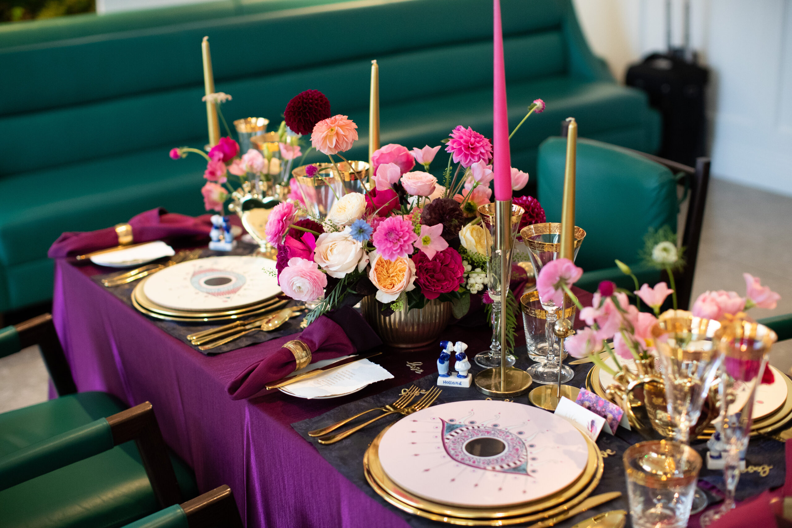 Vibrant wedding place setting