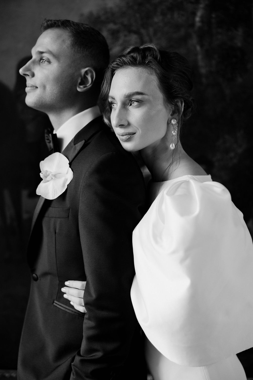 Black and white photo of wedding couple