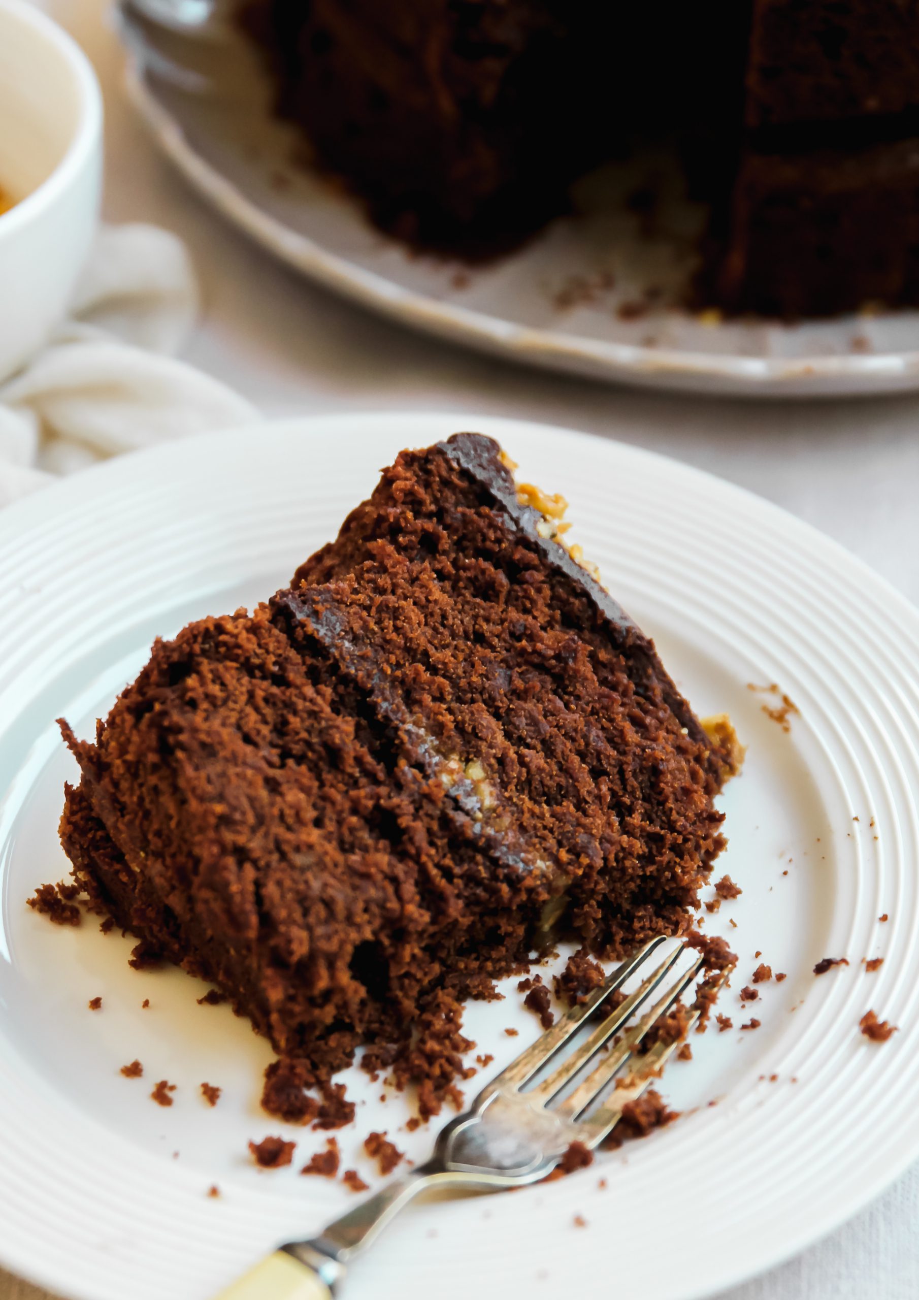 Chocolate banana cake, tahini ganache, miso caramel, walnut praline