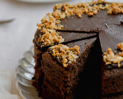 Chocolate banana cake, tahini ganache, miso caramel, walnut praline