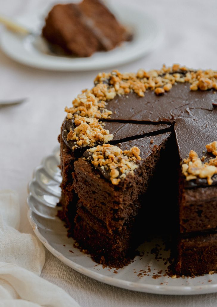 Chocolate banana cake, tahini ganache, miso caramel, walnut praline